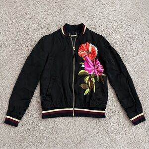 Trina Turk Black Bomber Jacket with Floral Design